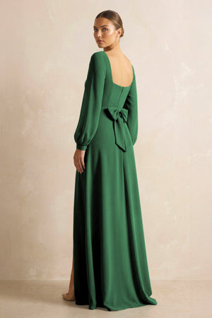Square Neck Long Sleeves Chiffon Sheath Bridesmaid Dress in Dark Green - SHE IS ME Bridesmaid Dresses
