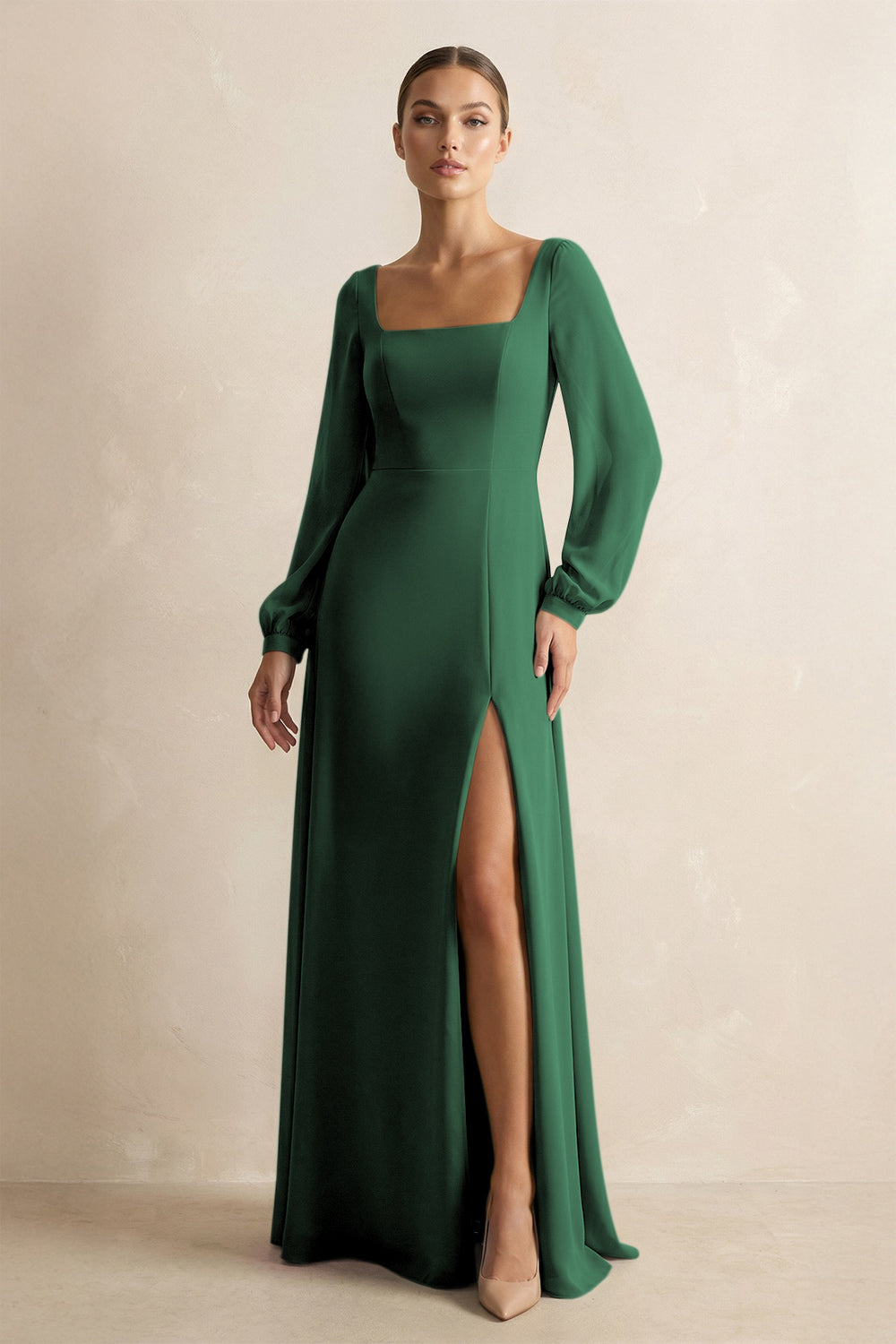 Square Neck Long Sleeves Chiffon Sheath Bridesmaid Dress in Dark Green