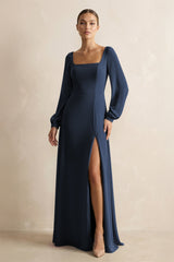 Square Neck Long Sleeves Chiffon Sheath Bridesmaid Dress in Dark Navy - KISS BRIDAL Bridesmaid Dresses