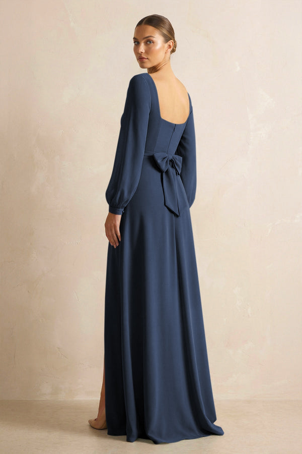 Square Neck Long Sleeves Chiffon Sheath Bridesmaid Dress in Dark Navy - SHE IS ME Bridesmaid Dresses
