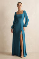 Square Neck Long Sleeves Chiffon Sheath Bridesmaid Dress in Dark Teal - SHE IS ME Bridesmaid Dresses