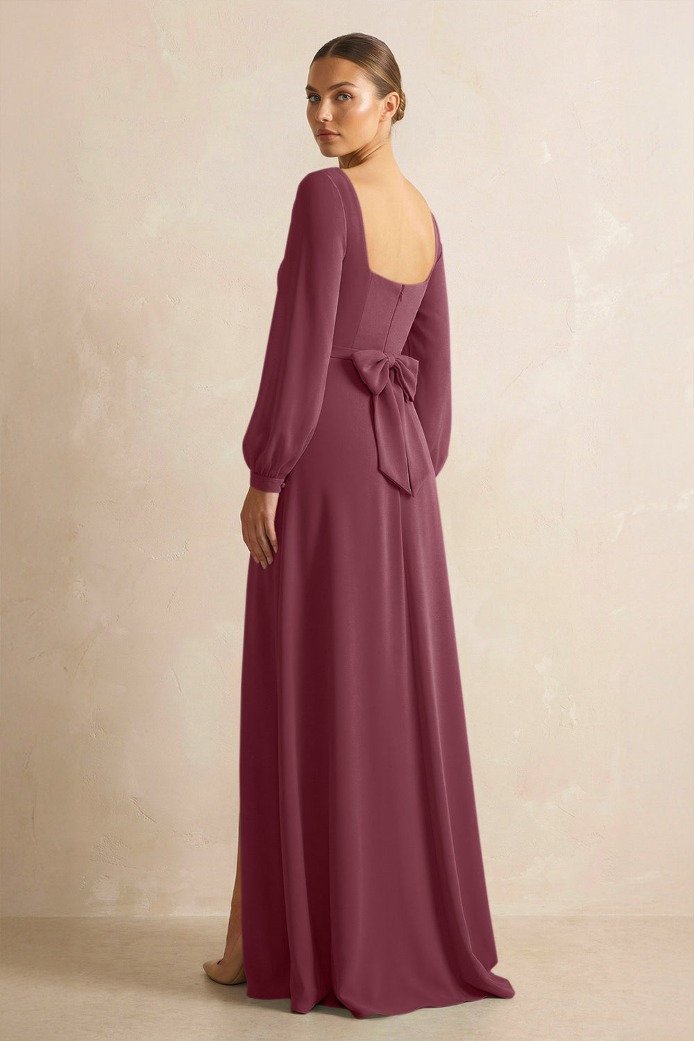 Square Neck Long Sleeves Chiffon Sheath Bridesmaid Dress in Desert Rose