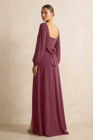 Square Neck Long Sleeves Chiffon Sheath Bridesmaid Dress in Desert Rose (2) | KISSBRIDAL