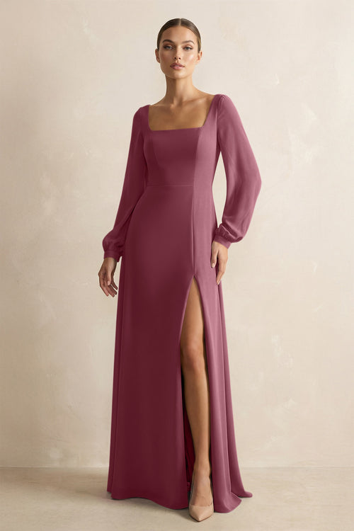 Square Neck Long Sleeves Chiffon Sheath Bridesmaid Dress in Desert Rose | KISSBRIDAL