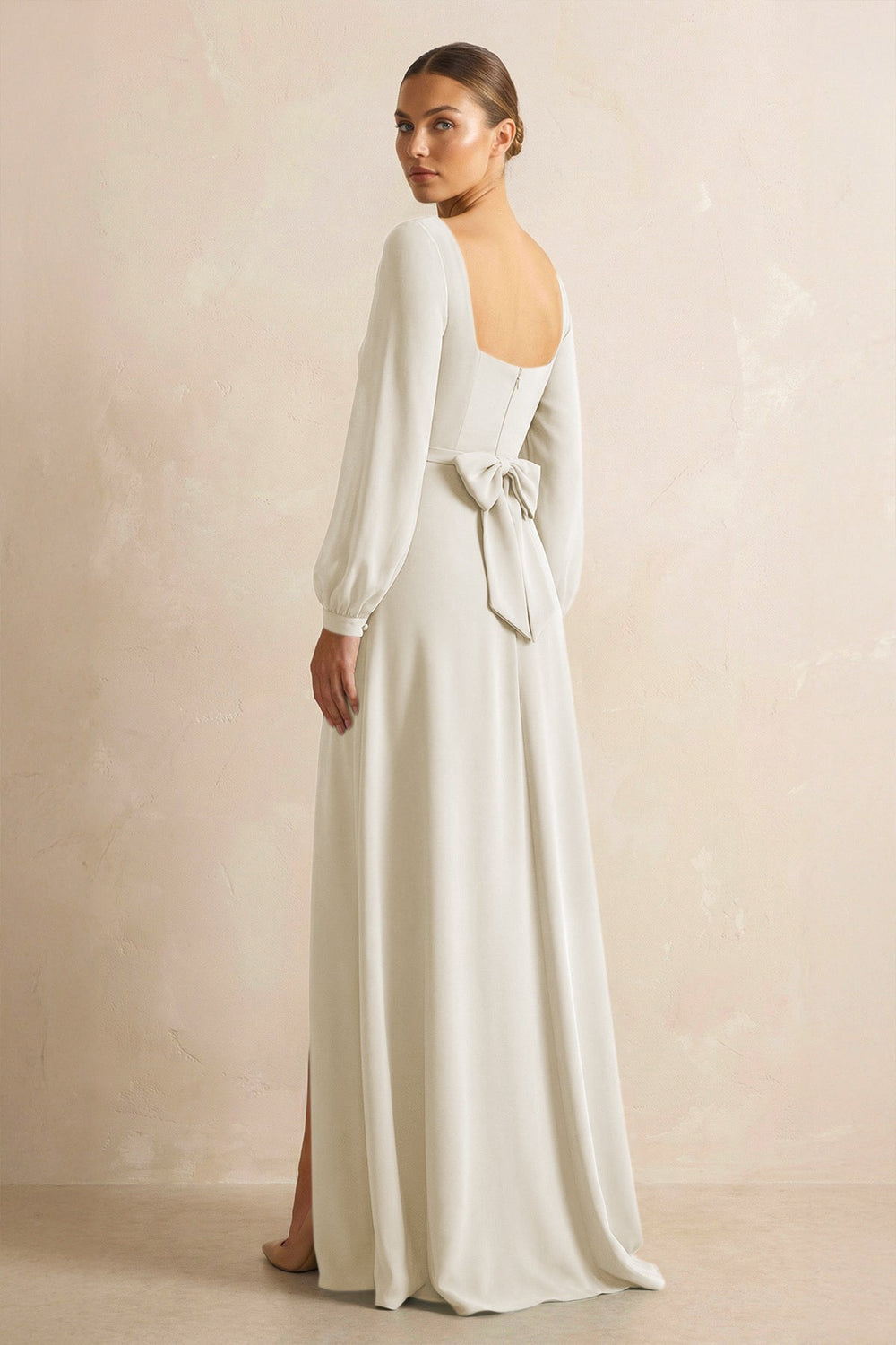 Square Neck Long Sleeves Chiffon Sheath Bridesmaid Dress in Dove Gray - KISS BRIDAL Bridesmaid Dresses
