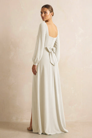 Square Neck Long Sleeves Chiffon Sheath Bridesmaid Dress in Dove Gray - SHE IS ME Bridesmaid Dresses
