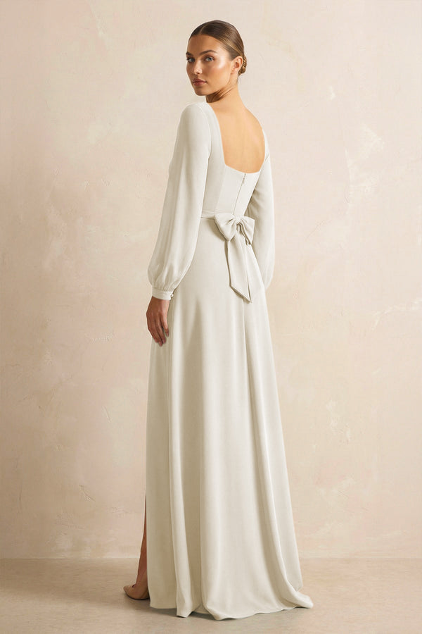 Square Neck Long Sleeves Chiffon Sheath Bridesmaid Dress in Dove Gray - SHE IS ME Bridesmaid Dresses