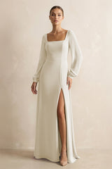 Square Neck Long Sleeves Chiffon Sheath Bridesmaid Dress in Dove Gray - KISS BRIDAL Bridesmaid Dresses