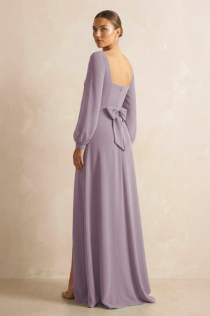 Square Neck Long Sleeves Chiffon Sheath Bridesmaid Dress in Dusk (2) | KISSBRIDAL