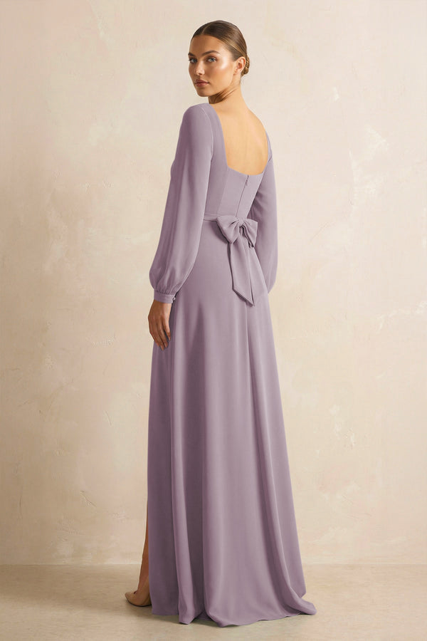 Square Neck Long Sleeves Chiffon Sheath Bridesmaid Dress in Dusk (2) | KISSBRIDAL