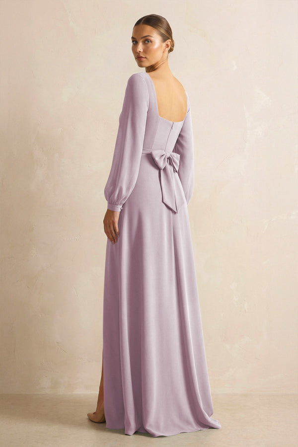 Square Neck Long Sleeves Chiffon Sheath Bridesmaid Dress in Dusk - SHE IS ME Bridesmaid Dresses