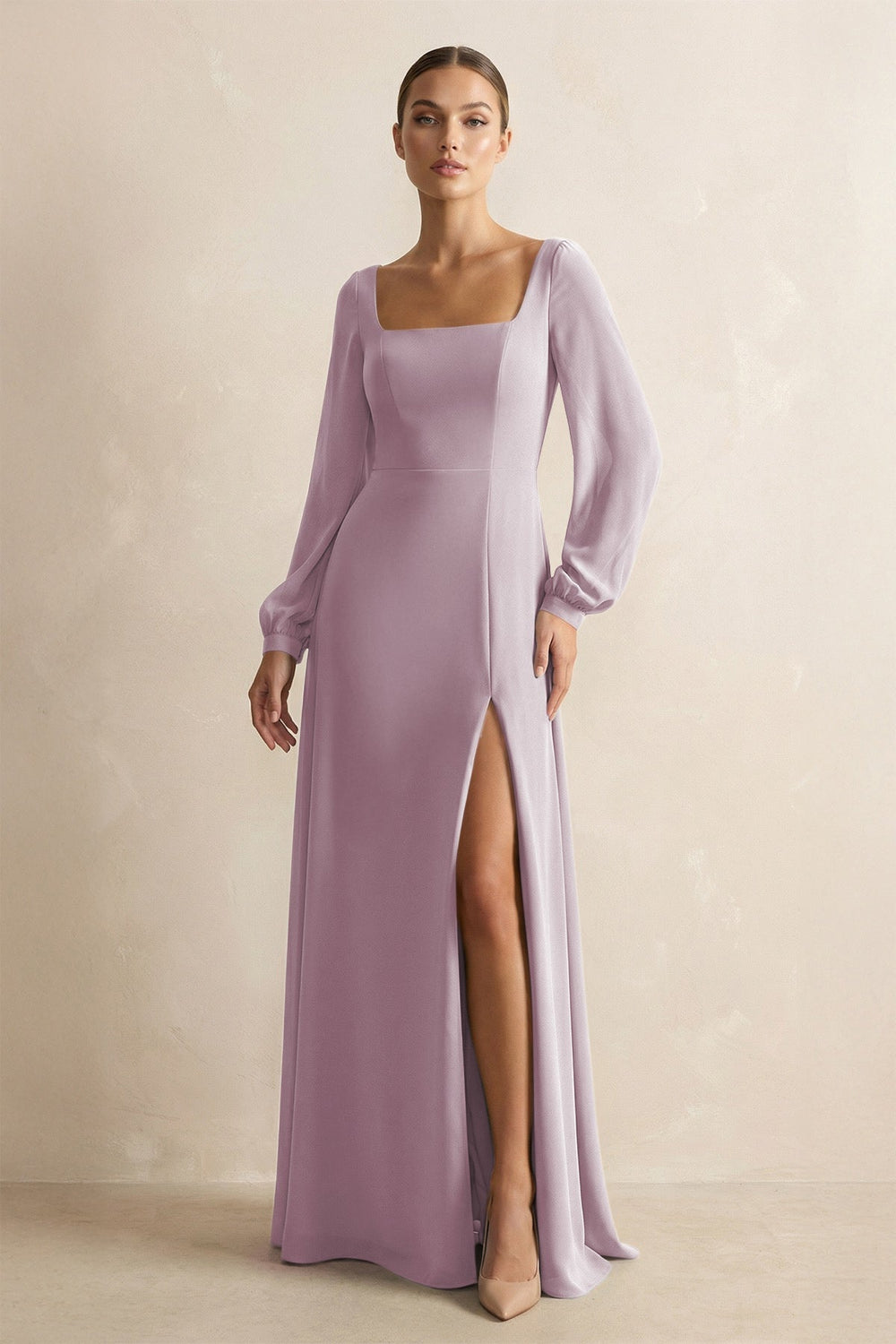 Square Neck Long Sleeves Chiffon Sheath Bridesmaid Dress in Dusk - KISS BRIDAL Bridesmaid Dresses