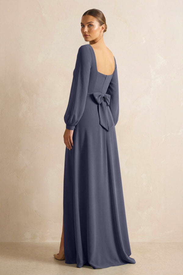 Square Neck Long Sleeves Chiffon Sheath Bridesmaid Dress in Dusk Blue - SHE IS ME Bridesmaid Dresses