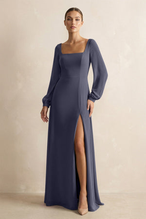 Square Neck Long Sleeves Chiffon Sheath Bridesmaid Dress in Dusk Blue - SHE IS ME Bridesmaid Dresses