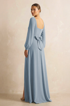 Square Neck Long Sleeves Chiffon Sheath Bridesmaid Dress in Dusty Blue (2) | KISSBRIDAL