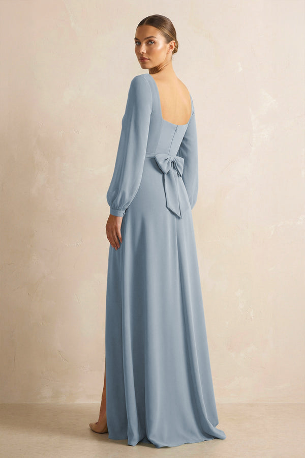 Square Neck Long Sleeves Chiffon Sheath Bridesmaid Dress in Dusty Blue (2) | KISSBRIDAL