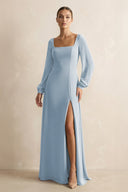 Square Neck Long Sleeves Chiffon Sheath Bridesmaid Dress in Dusty Blue - SHE IS ME Bridesmaid Dresses