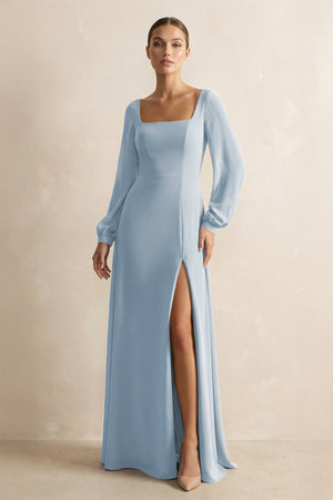 Square Neck Long Sleeves Chiffon Sheath Bridesmaid Dress in Dusty Blue - SHE IS ME Bridesmaid Dresses
