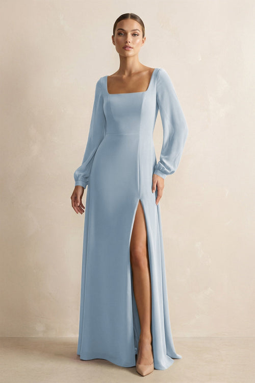 Square Neck Long Sleeves Chiffon Sheath Bridesmaid Dress in Dusty Blue - SHE IS ME Bridesmaid Dresses