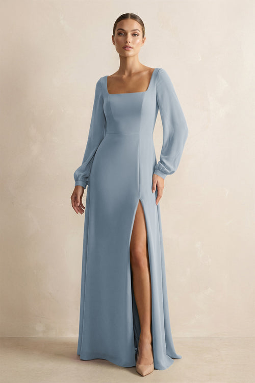 Square Neck Long Sleeves Chiffon Sheath Bridesmaid Dress in Dusty Blue | KISSBRIDAL