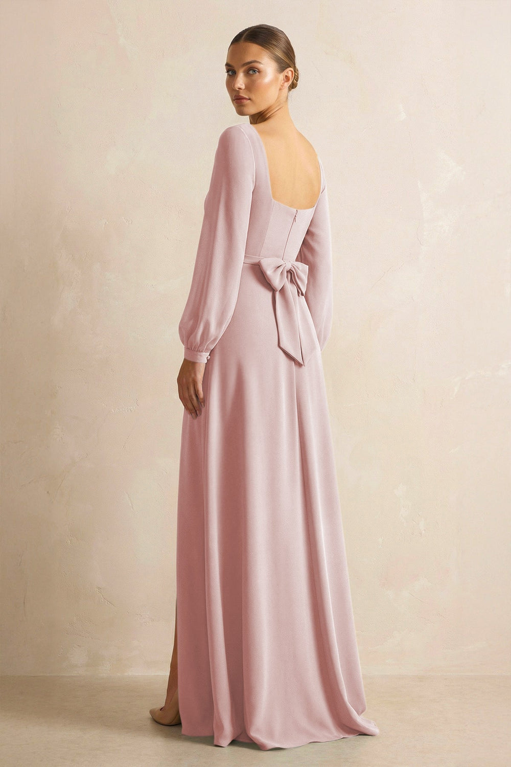 Square Neck Long Sleeves Chiffon Sheath Bridesmaid Dress in Dusty Rose - KISS BRIDAL Bridesmaid Dresses
