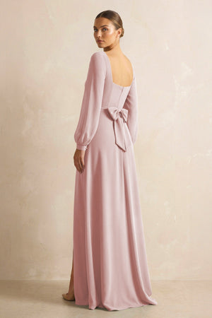 Square Neck Long Sleeves Chiffon Sheath Bridesmaid Dress in Dusty Rose - SHE IS ME Bridesmaid Dresses