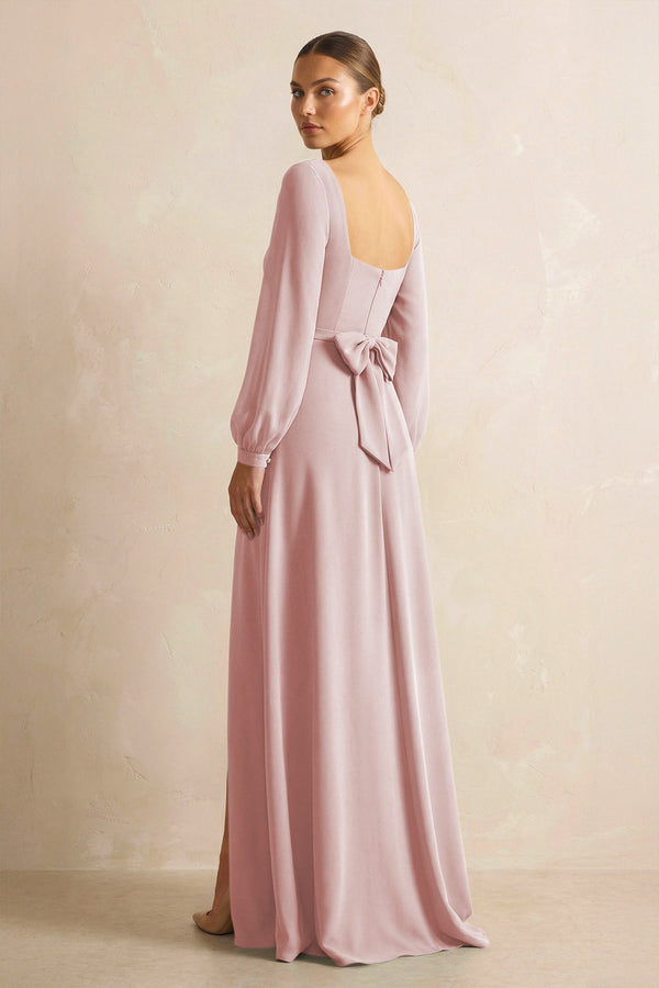 Square Neck Long Sleeves Chiffon Sheath Bridesmaid Dress in Dusty Rose - SHE IS ME Bridesmaid Dresses