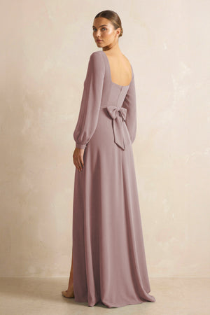 Square Neck Long Sleeves Chiffon Sheath Bridesmaid Dress in Dusty Rose (2) | KISSBRIDAL