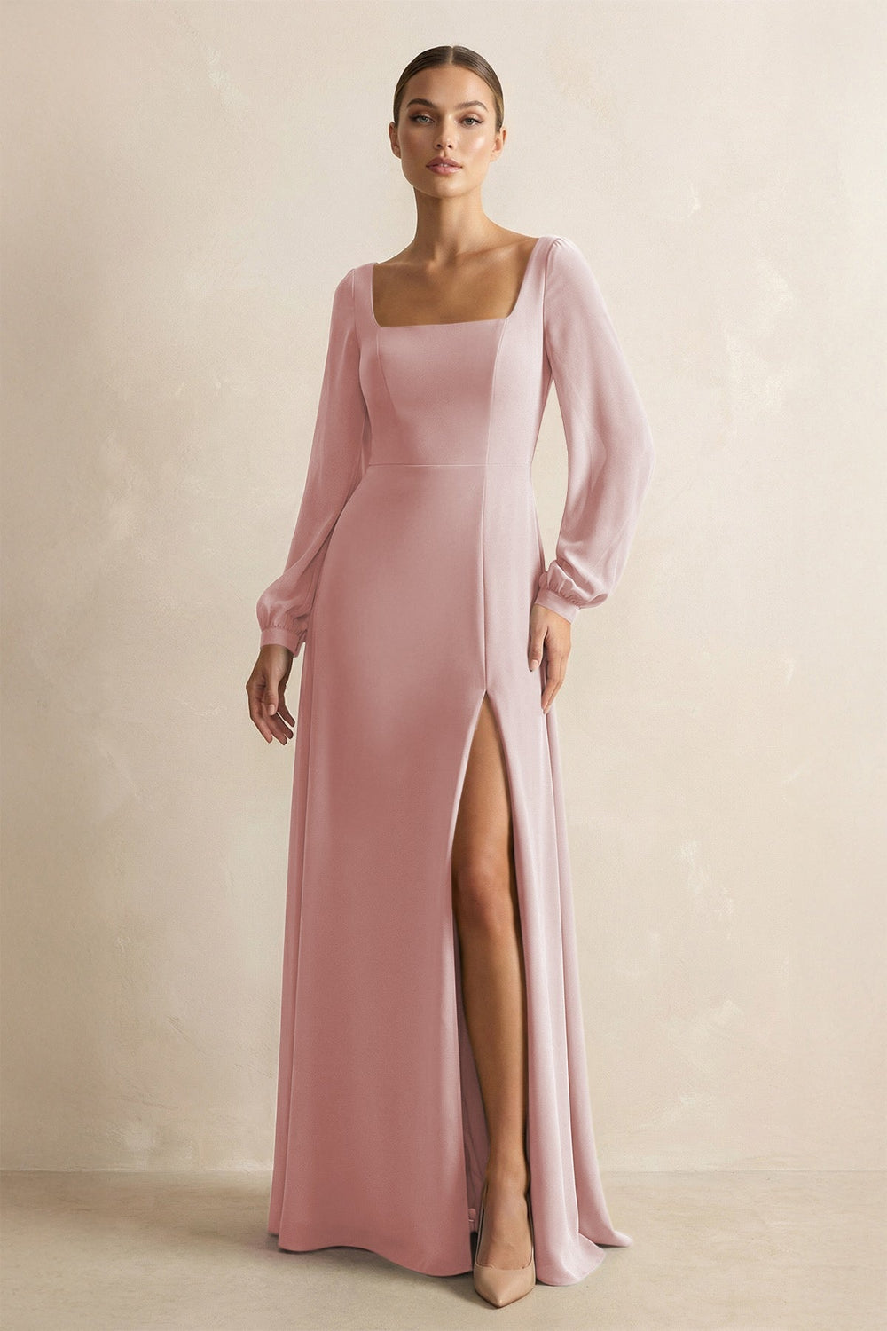 Square Neck Long Sleeves Chiffon Sheath Bridesmaid Dress in Dusty Rose - KISS BRIDAL Bridesmaid Dresses