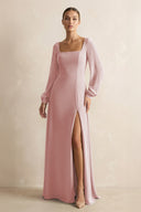 Square Neck Long Sleeves Chiffon Sheath Bridesmaid Dress in Dusty Rose - SHE IS ME Bridesmaid Dresses
