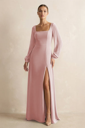 Square Neck Long Sleeves Chiffon Sheath Bridesmaid Dress in Dusty Rose - SHE IS ME Bridesmaid Dresses