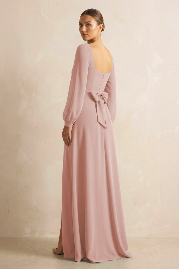 Square Neck Long Sleeves Chiffon Sheath Bridesmaid Dress in English Rose (2) | KISSBRIDAL