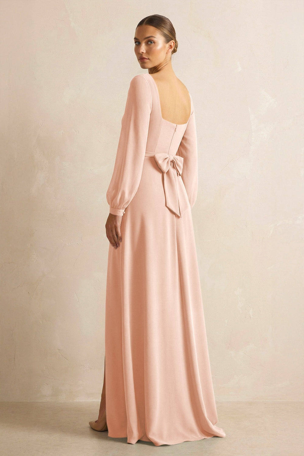 Square Neck Long Sleeves Chiffon Sheath Bridesmaid Dress in English Rose - KISS BRIDAL Bridesmaid Dresses