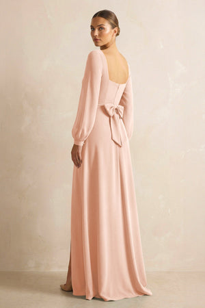 Square Neck Long Sleeves Chiffon Sheath Bridesmaid Dress in English Rose - SHE IS ME Bridesmaid Dresses