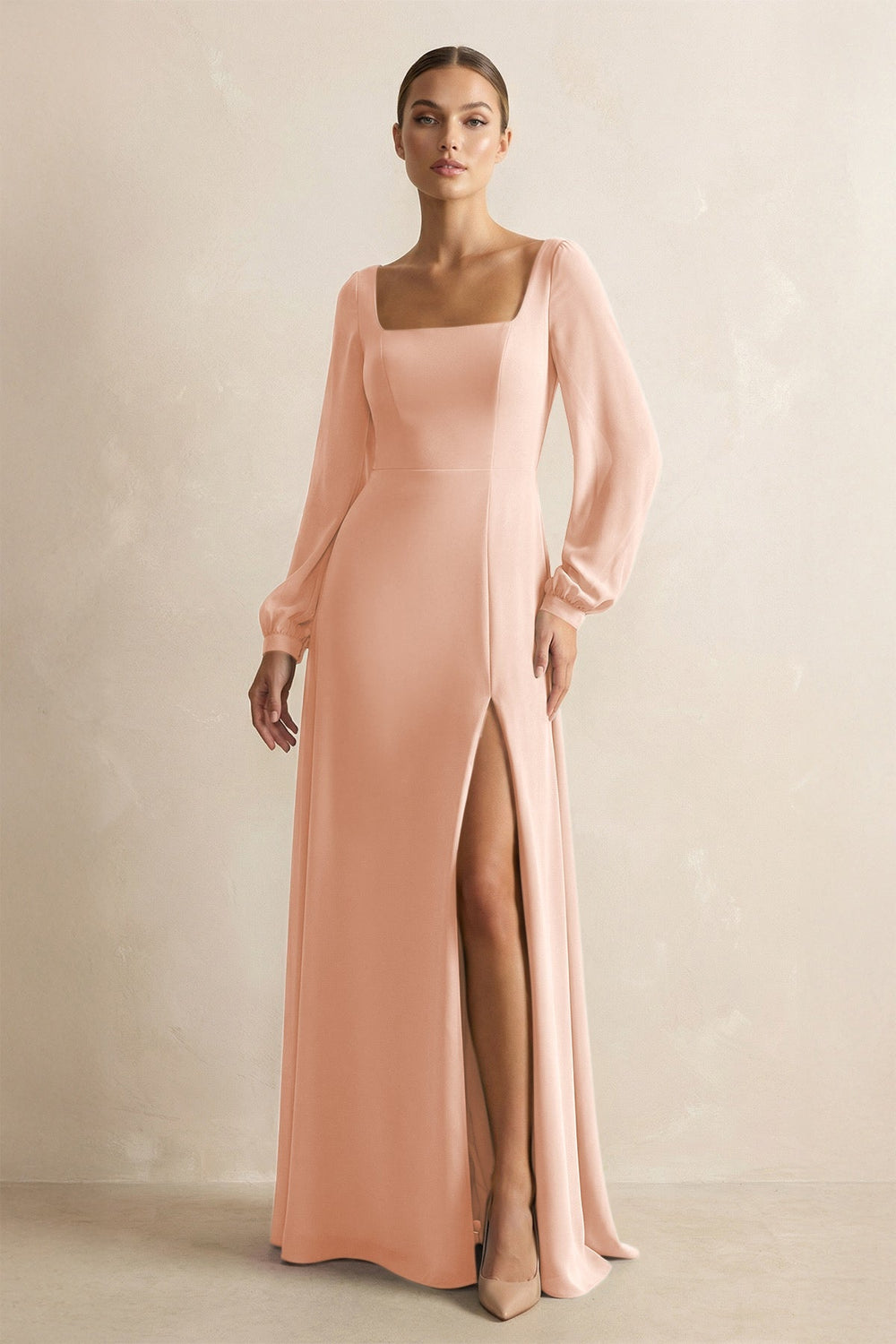 Square Neck Long Sleeves Chiffon Sheath Bridesmaid Dress in English Rose - KISS BRIDAL Bridesmaid Dresses