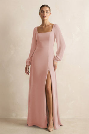 Square Neck Long Sleeves Chiffon Sheath Bridesmaid Dress in English Rose | KISSBRIDAL