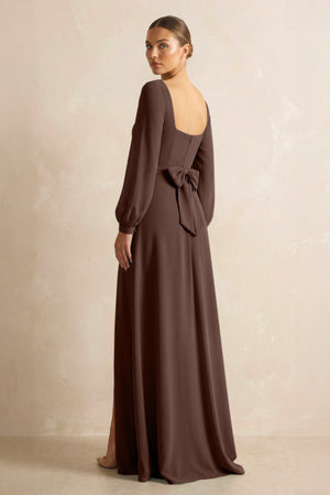 Square Neck Long Sleeves Chiffon Sheath Bridesmaid Dress in Espresso - SHE IS ME Bridesmaid Dresses