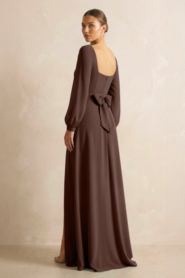 Square Neck Long Sleeves Chiffon Sheath Bridesmaid Dress in Espresso - SHE IS ME Bridesmaid Dresses