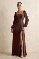 Square Neck Long Sleeves Chiffon Sheath Bridesmaid Dress in Espresso - SHE IS ME Bridesmaid Dresses