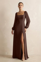 Square Neck Long Sleeves Chiffon Sheath Bridesmaid Dress in Espresso - KISS BRIDAL Bridesmaid Dresses