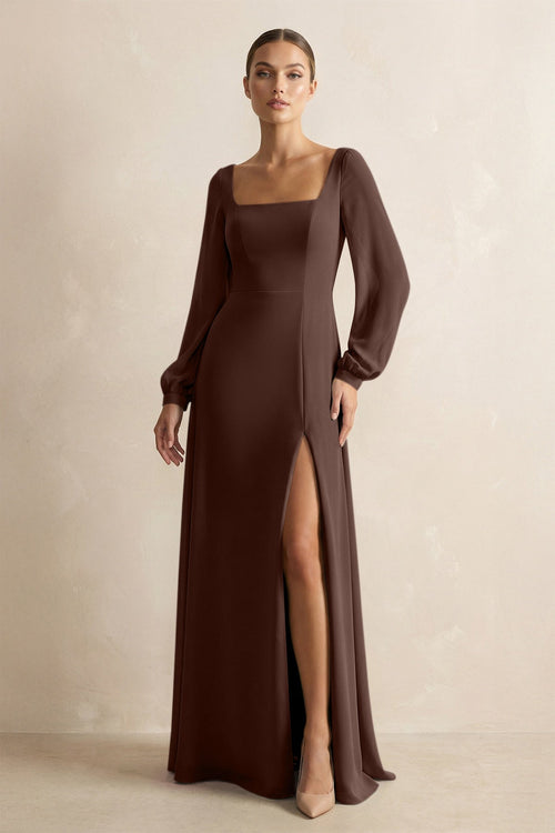 Square Neck Long Sleeves Chiffon Sheath Bridesmaid Dress in Espresso - SHE IS ME Bridesmaid Dresses