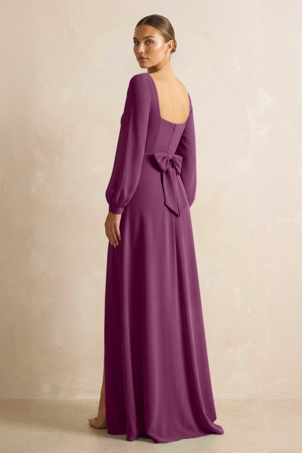 Square Neck Long Sleeves Chiffon Sheath Bridesmaid Dress in Fig - KISS BRIDAL Bridesmaid Dresses