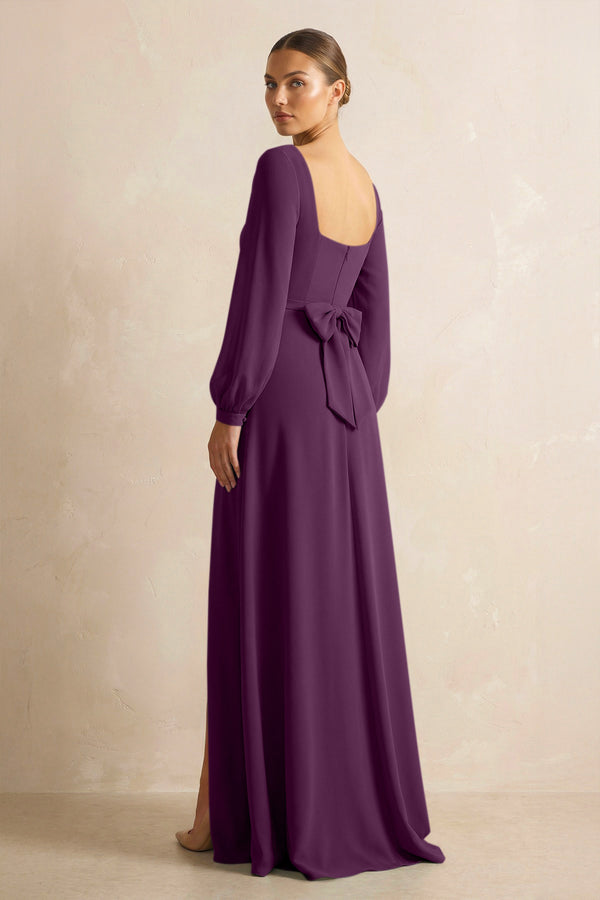 Square Neck Long Sleeves Chiffon Sheath Bridesmaid Dress in Fig (2) | KISSBRIDAL