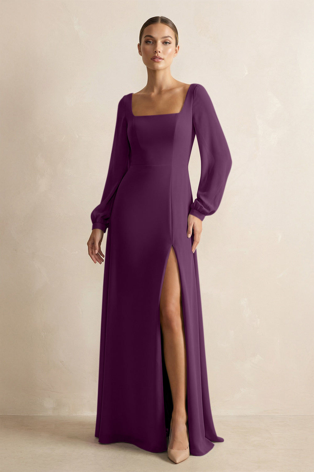 Square Neck Long Sleeves Chiffon Sheath Bridesmaid Dress in Fig
