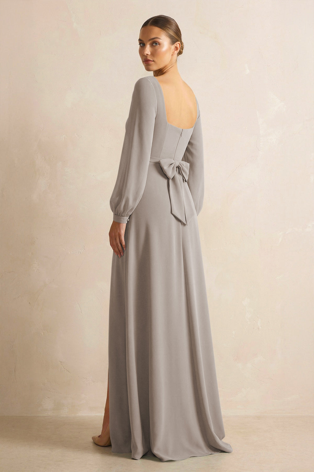 Square Neck Long Sleeves Chiffon Sheath Bridesmaid Dress in Frost