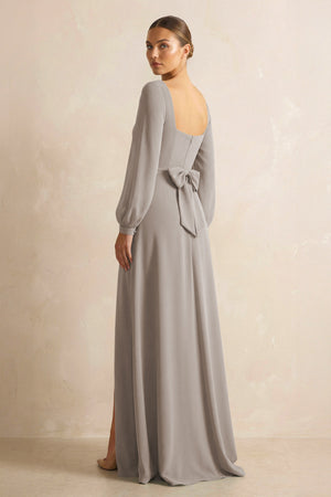 Square Neck Long Sleeves Chiffon Sheath Bridesmaid Dress in Frost (2) | KISSBRIDAL