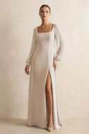 Square Neck Long Sleeves Chiffon Sheath Bridesmaid Dress in Frost - SHE IS ME Bridesmaid Dresses