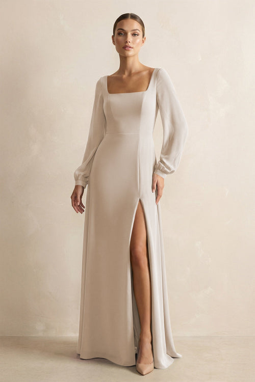 Square Neck Long Sleeves Chiffon Sheath Bridesmaid Dress in Frost - SHE IS ME Bridesmaid Dresses