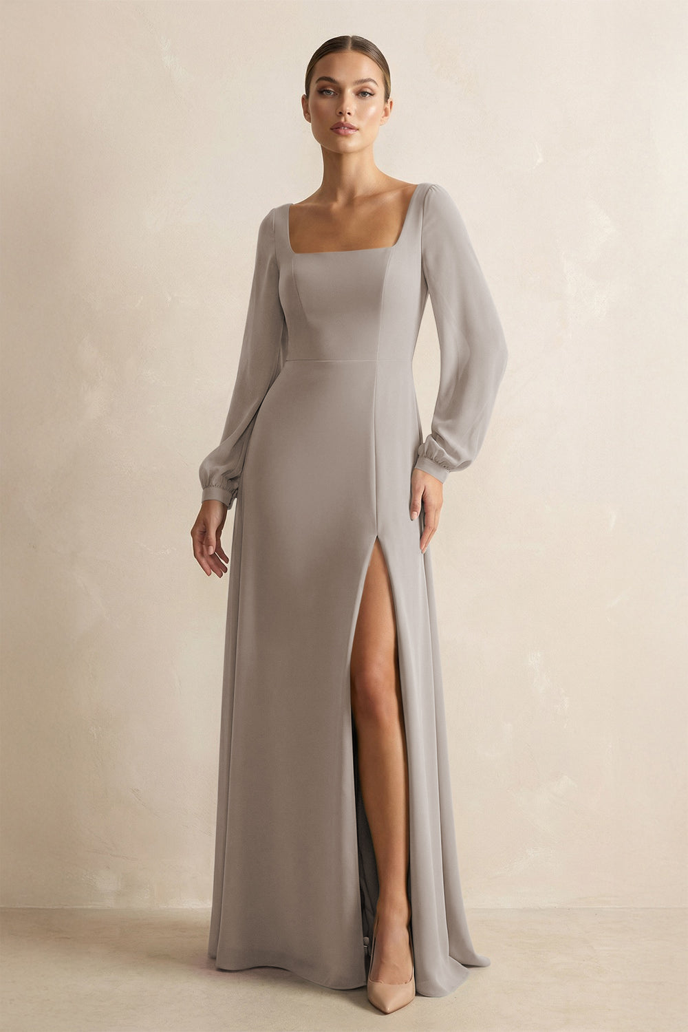 Square Neck Long Sleeves Chiffon Sheath Bridesmaid Dress in Frost