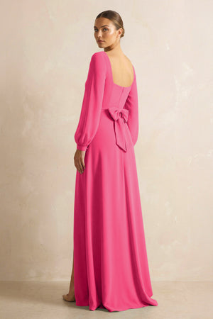 Square Neck Long Sleeves Chiffon Sheath Bridesmaid Dress in Fuchsia (2) | KISSBRIDAL